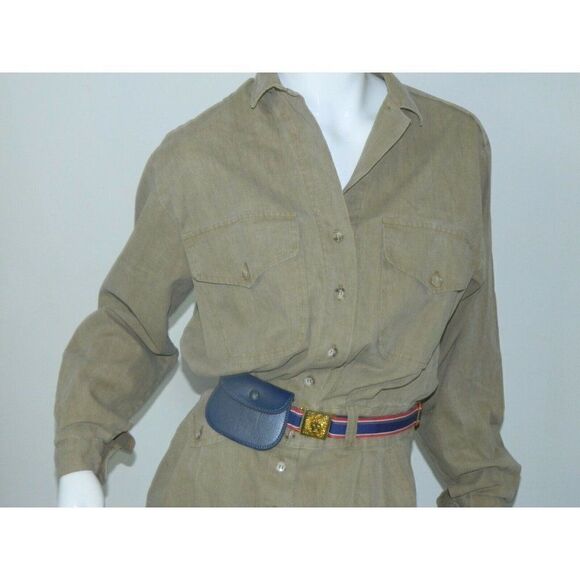 Vintage I. Magnin Dress Brown Green Khaki Utility Cargo Coverall Dress Size  S/M - Picture 2 of 11